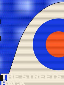 Broadcast: halftone roundel against the editorial grid.